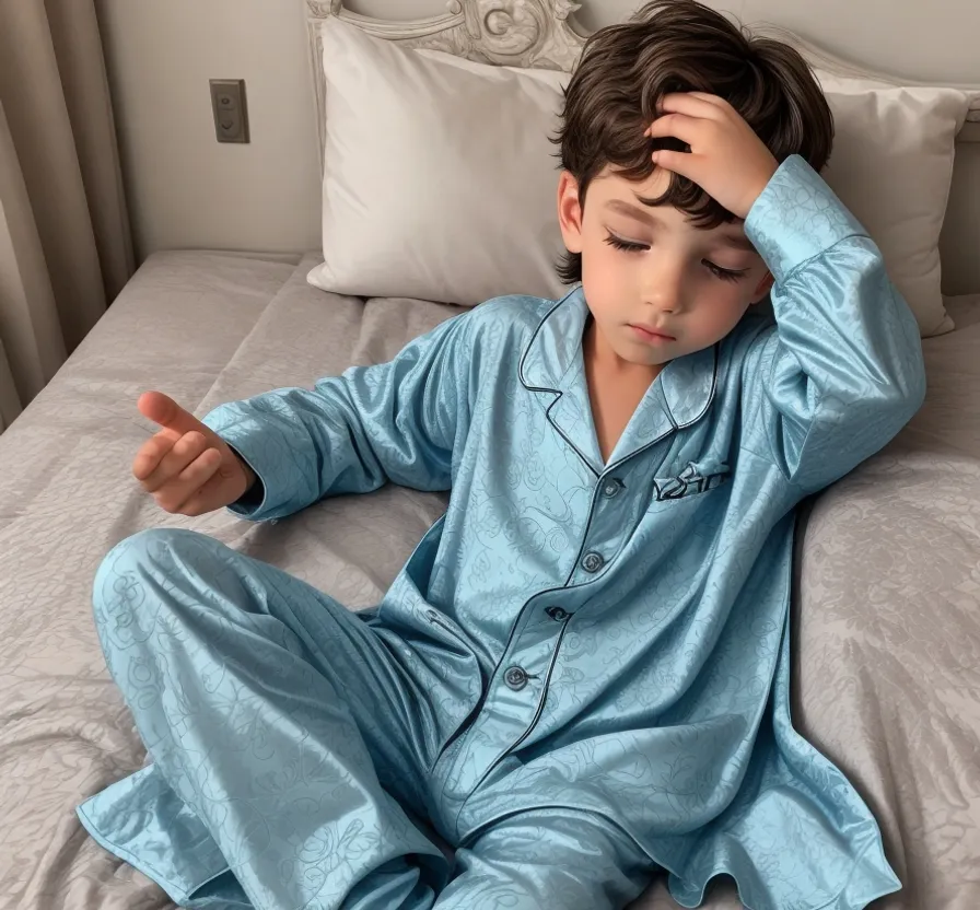 a young boy in a blue pajama sitting on a bed and dreaming 