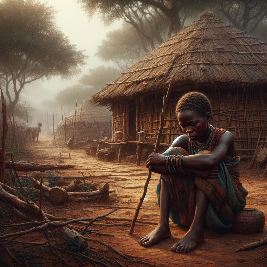 a painting of a woman sitting in front of a hut