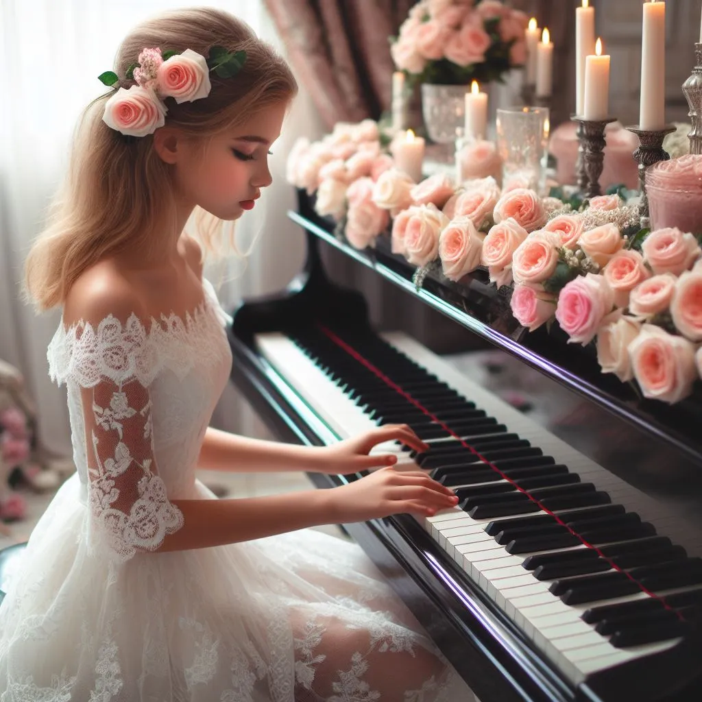 a young girl in a white dress playing a piano