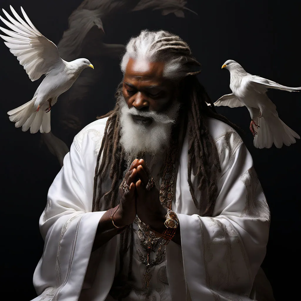 a man with dreadlocks is surrounded by birds