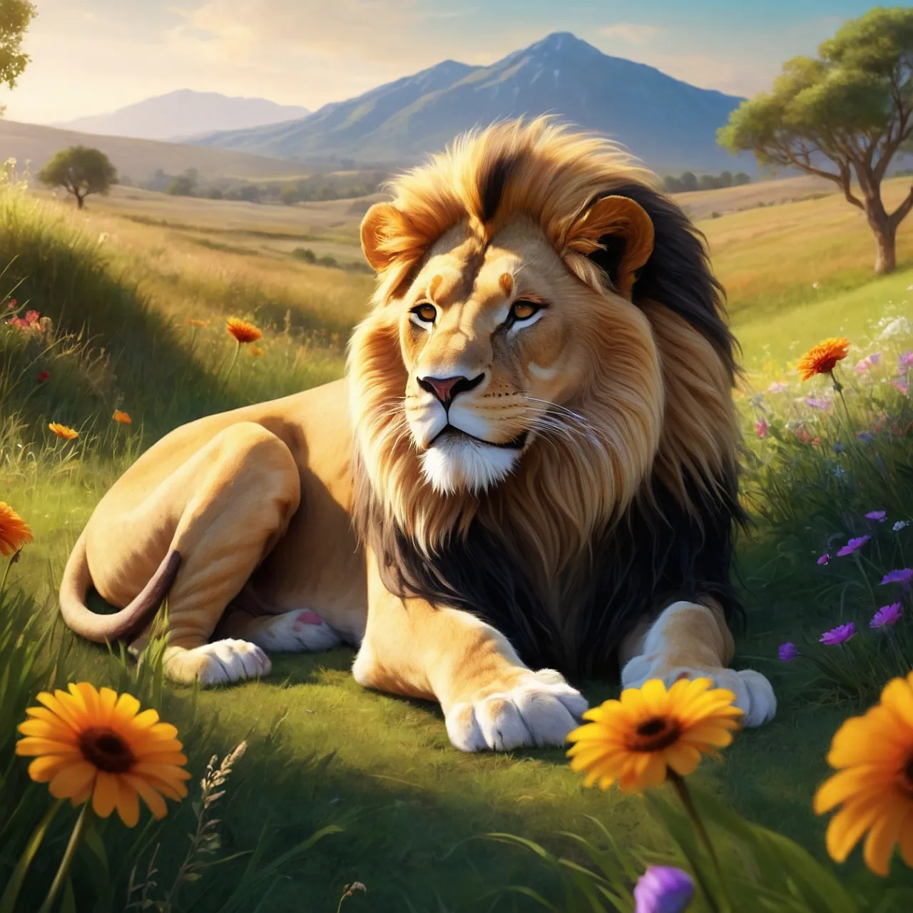 a painting of a lion laying in a field of flowers