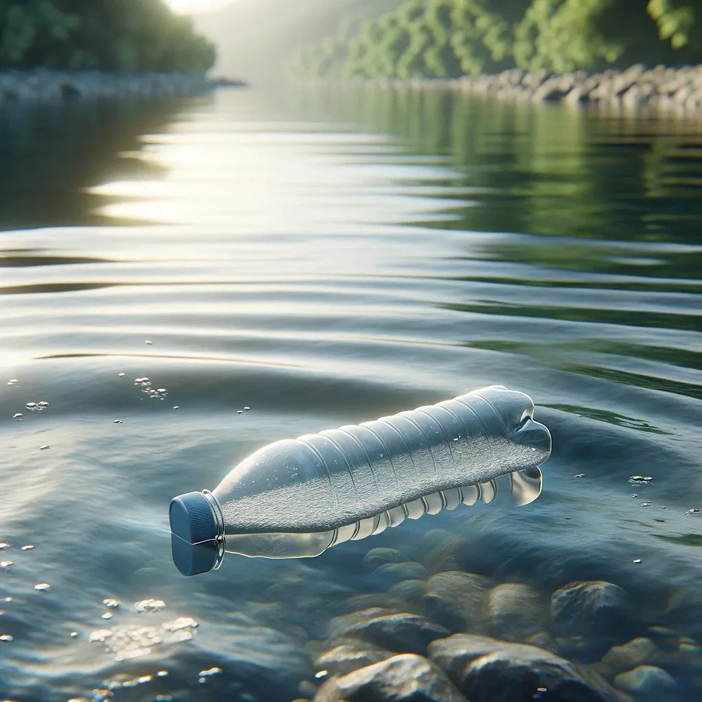 A photorealistic image of a plastic bottle floating on a river. The water is slightly murky with small ripples, and the bottle is partially submerged, creating subtle reflections on the surface. In the background, there are hints of greenery from riverbank vegetation, giving a natural setting.