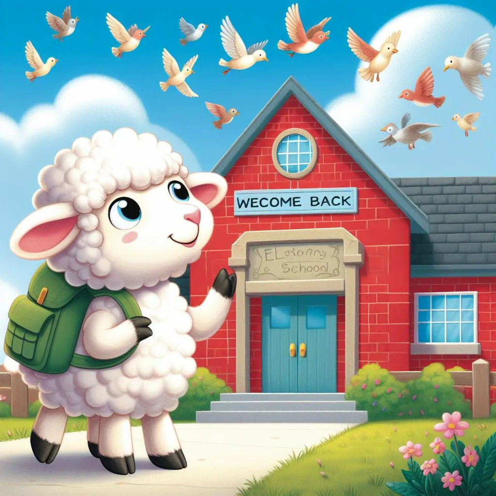 a sheep with a backpack standing in front of a school