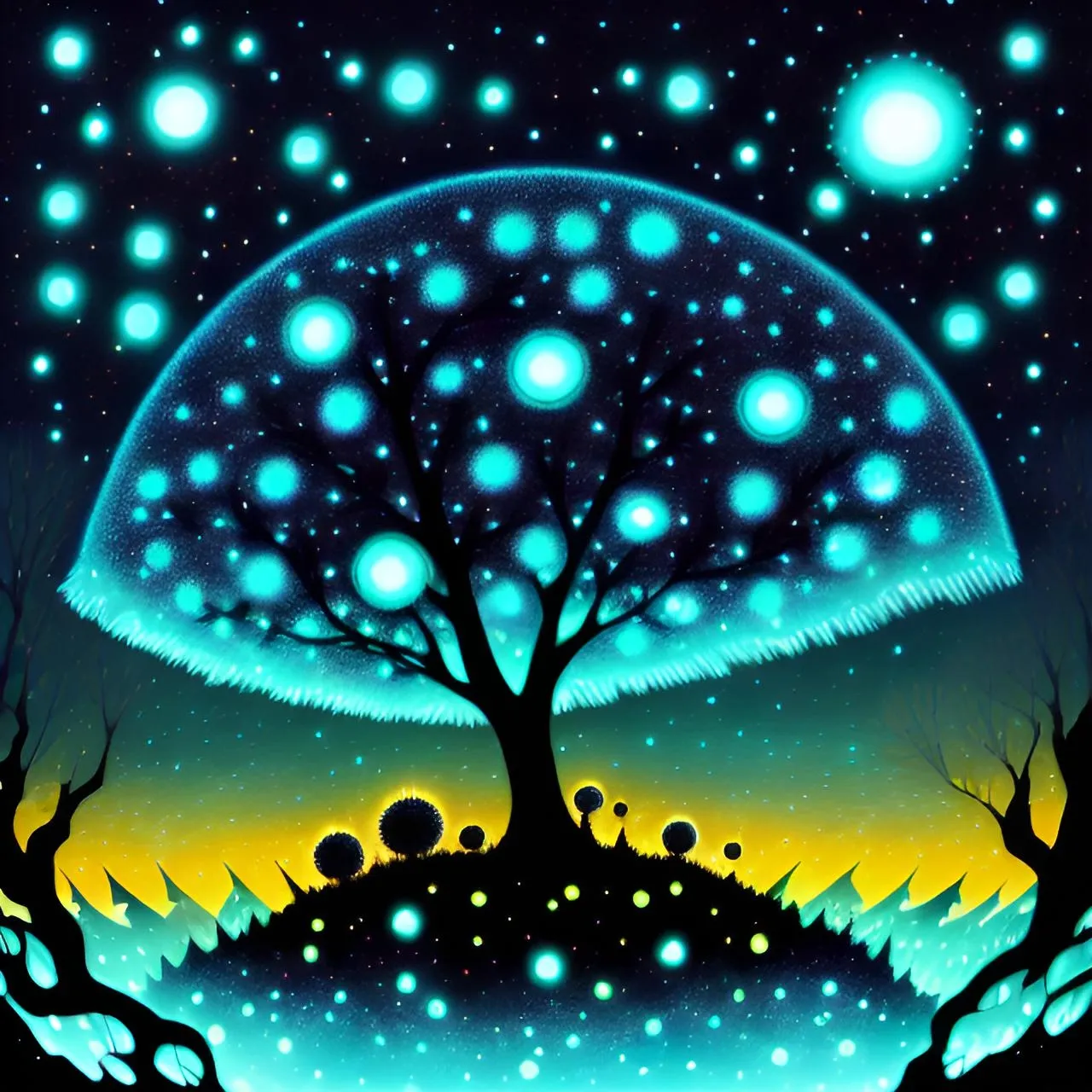 a painting of a tree in the middle of the night