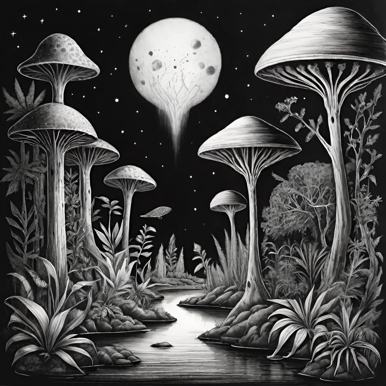 a black and white drawing of a forest with mushrooms