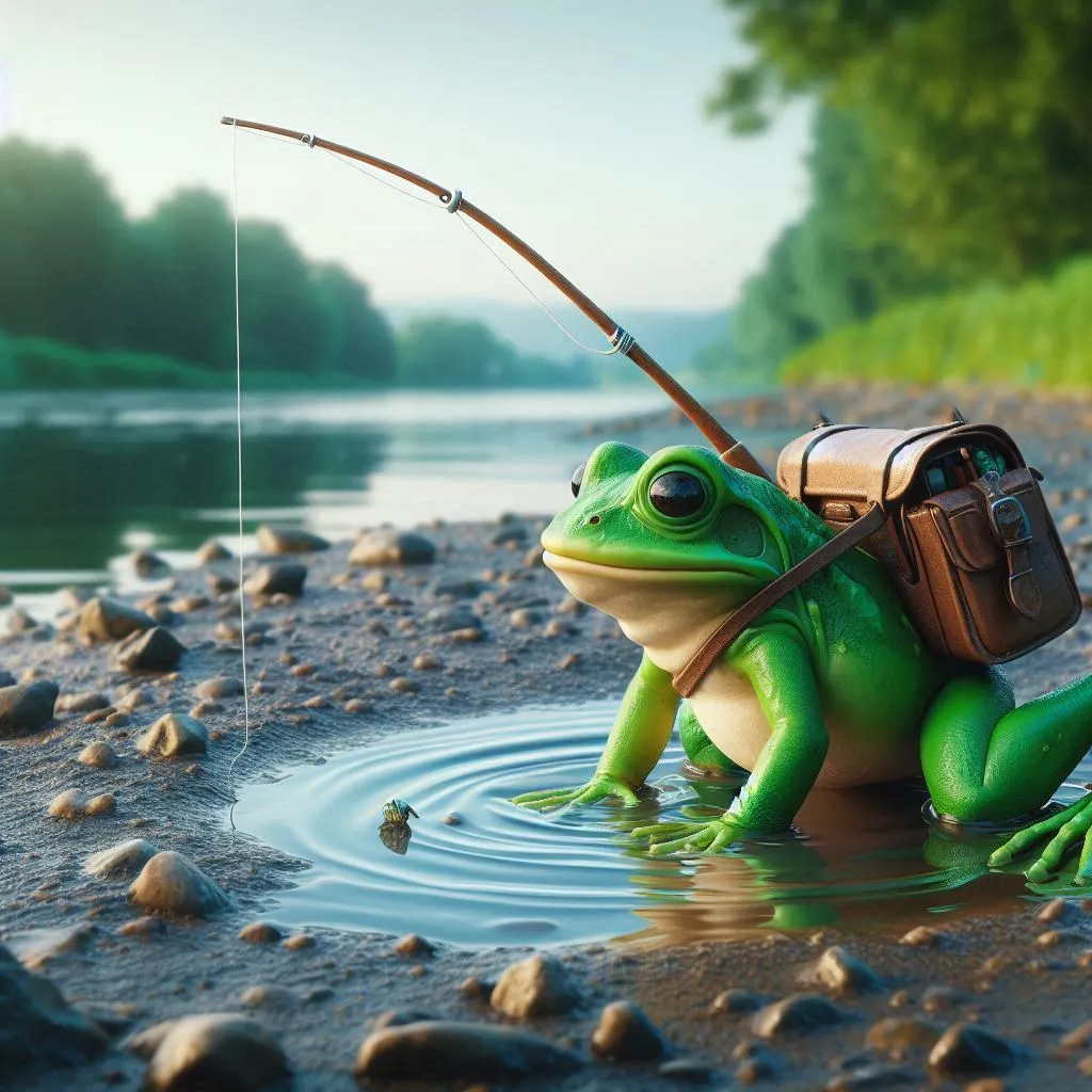 a frog with a fishing rod and a backpack in the water