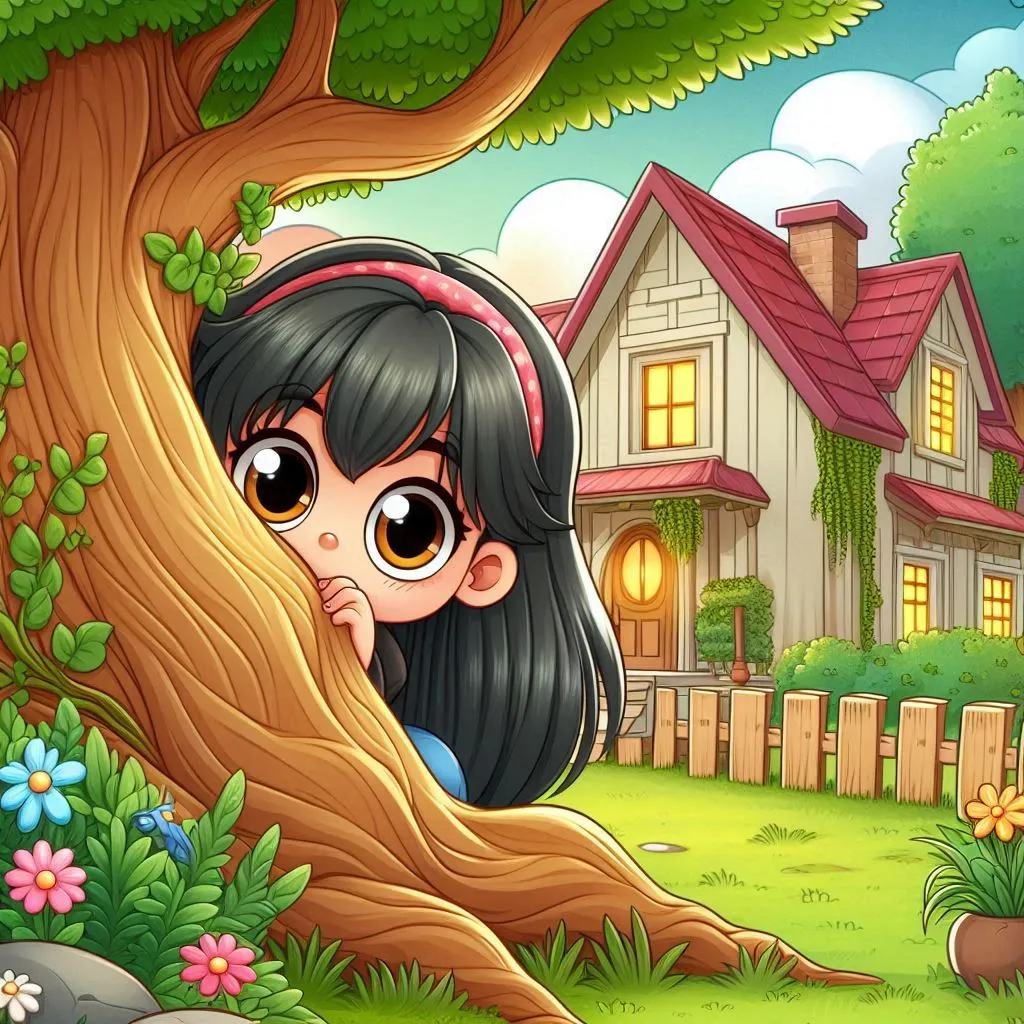 a girl peeking out from behind a tree in front of a house