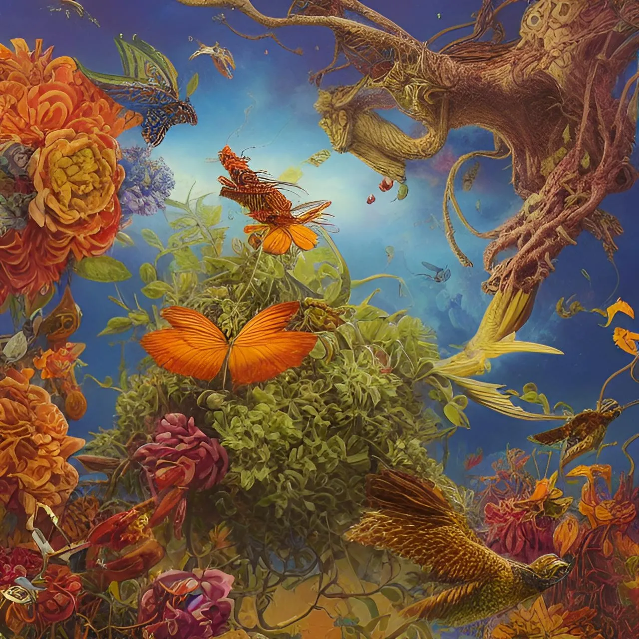 a painting of flowers, butterflies, and a dragon