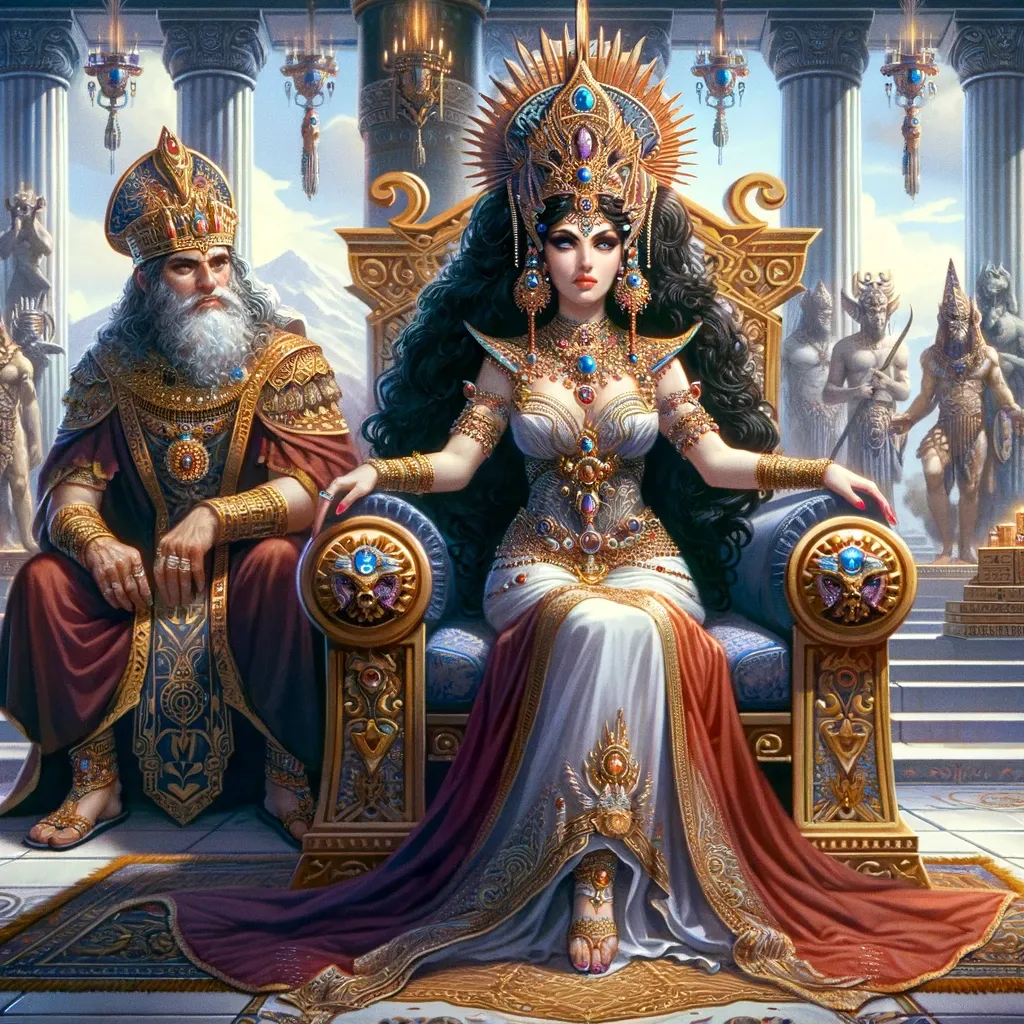 a painting of a woman sitting on a throne next to a man