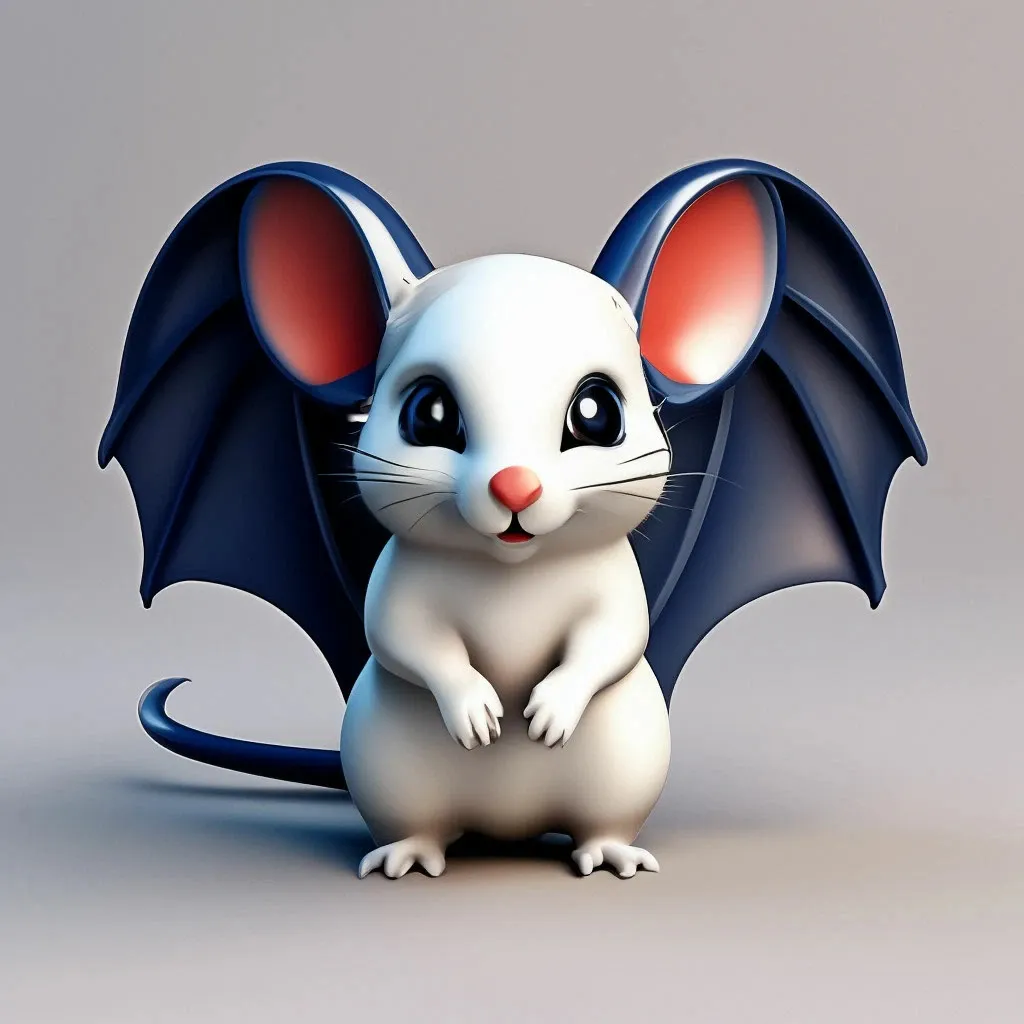 White mouse with a black bat riding across a dark forest