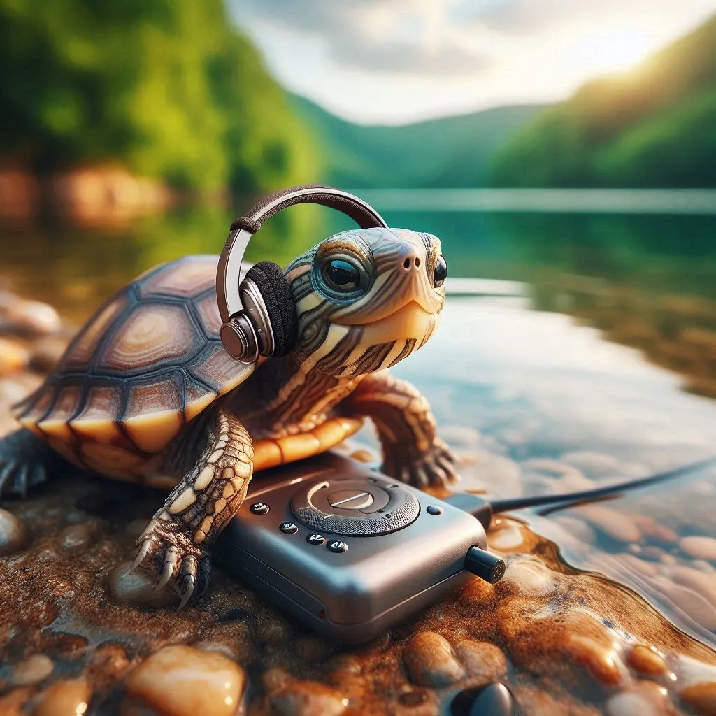 a turtle with headphones sitting on a rock