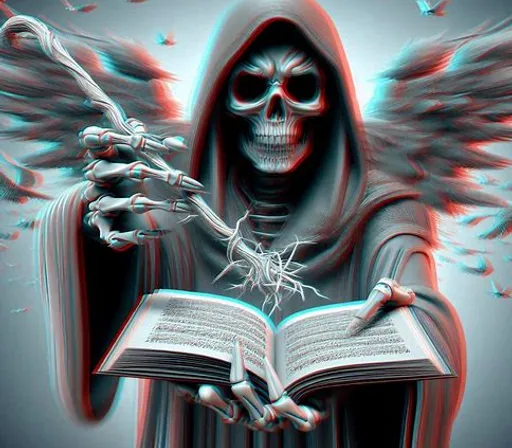 a skeleton with wings holding a book in his hands