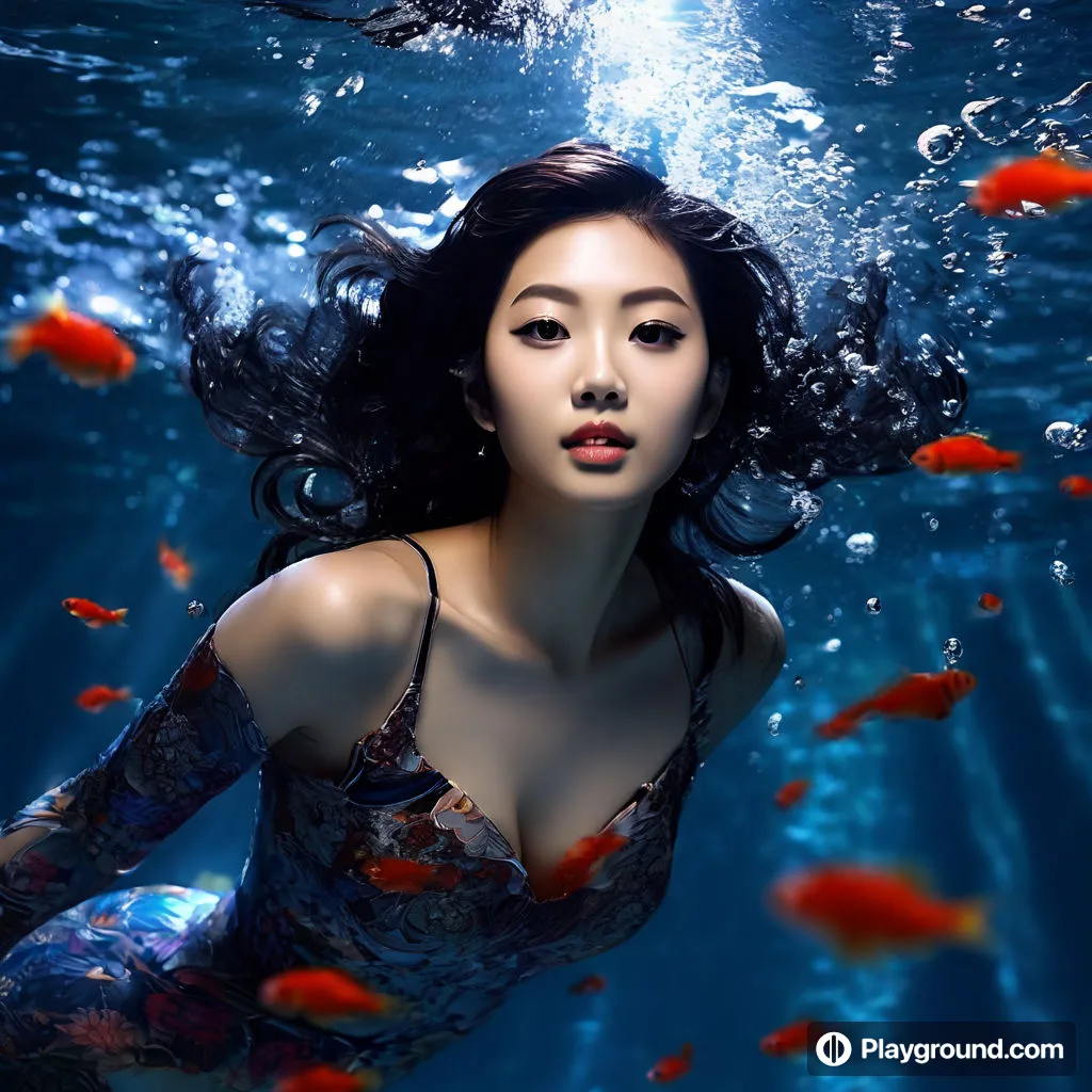 a woman in a swimsuit under water with goldfish