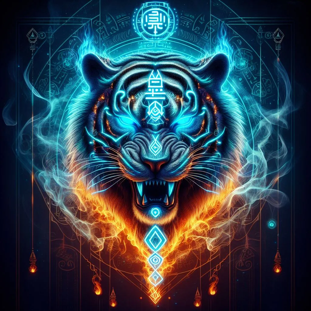 A tiger's head with a vibrant, surreal background of swirling, electric colors evocative of a dream's landscape