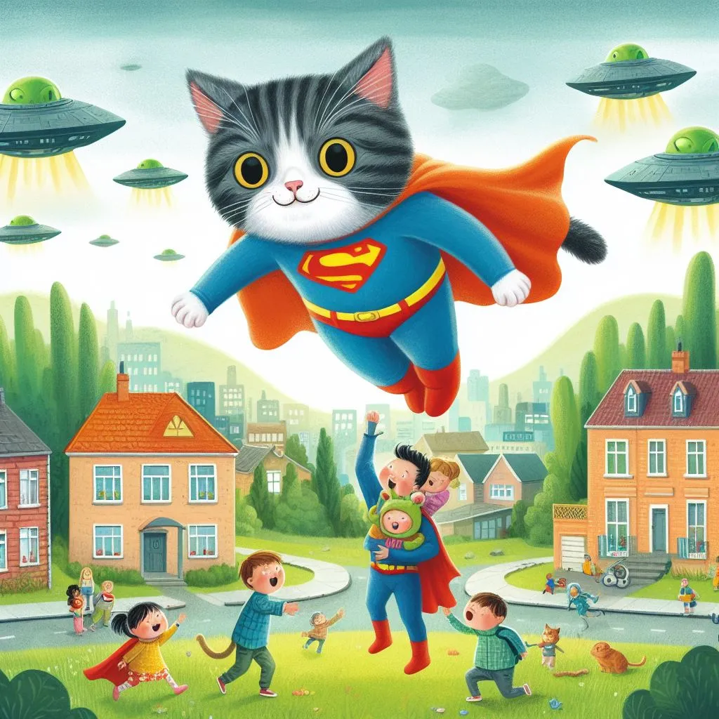 a cat flying through the air with a bunch of kids