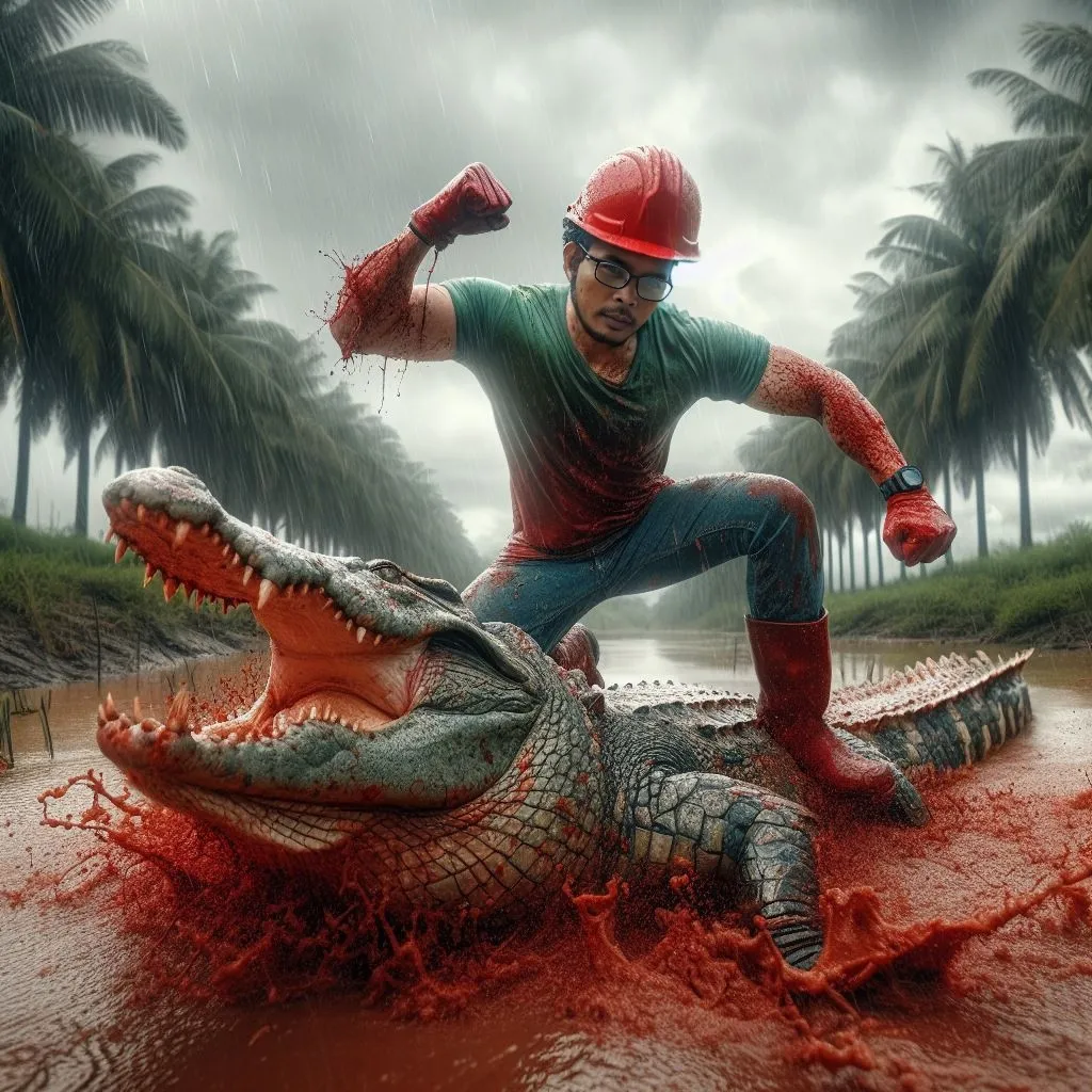 a man riding on top of an alligator in the water