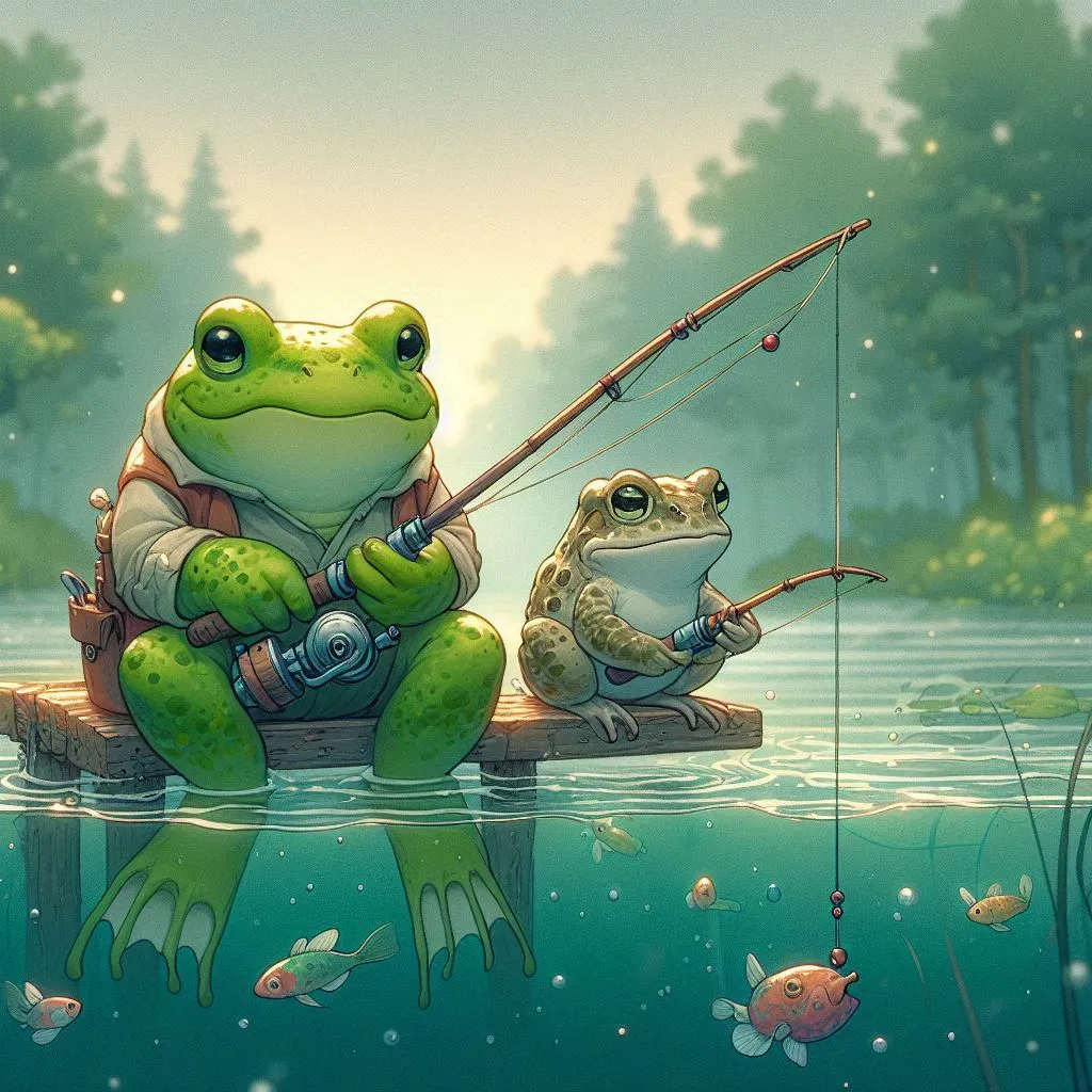 a frog sitting on a dock with a fishing rod