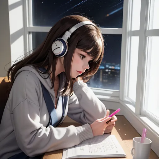 a girl sitting at a desk with headphones on