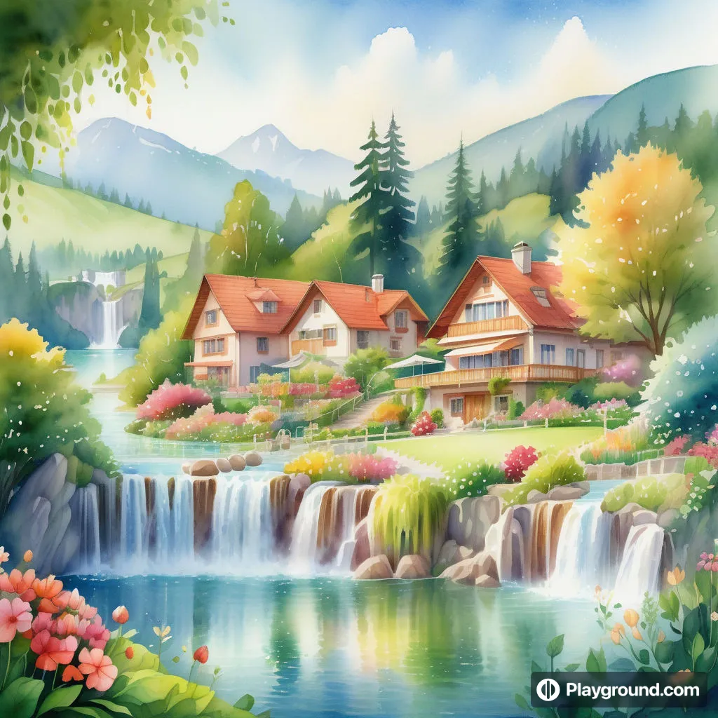 a painting of a house near a waterfall