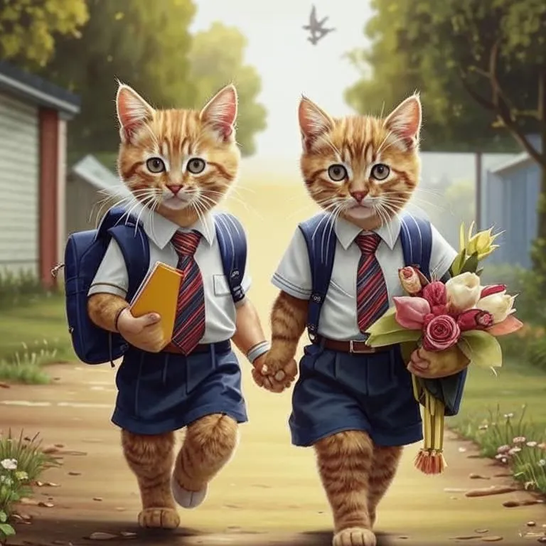 a couple of cats that are walking down a path