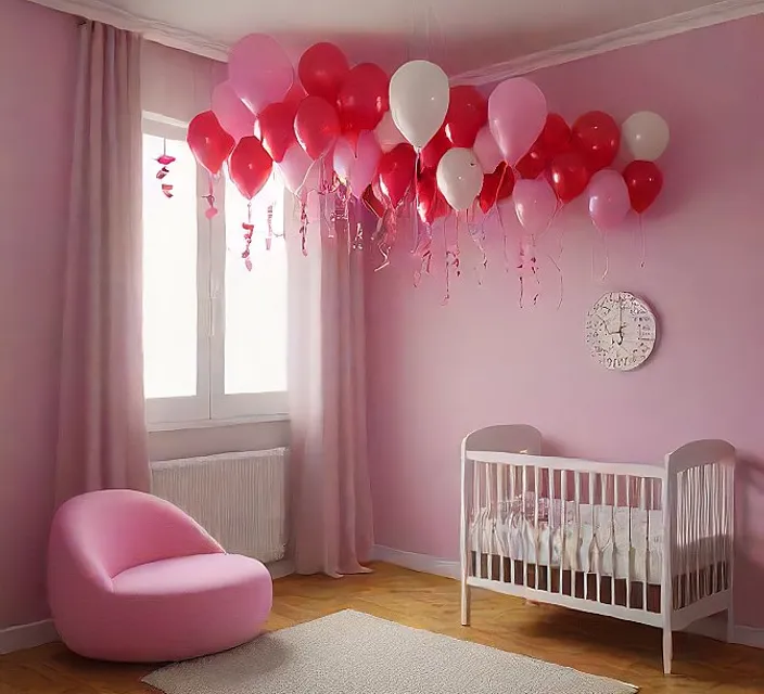 a baby's room with pink walls and balloons