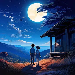 a man and a woman standing in front of a house under a full moon