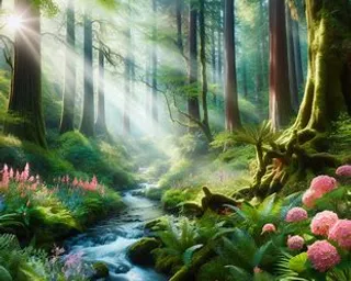 a painting of a forest with a stream running through it