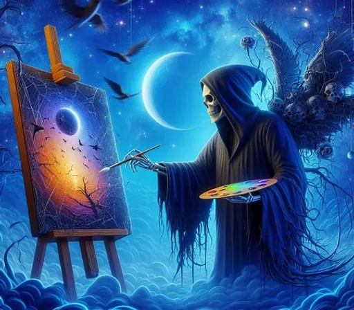 a painting of a skeleton holding a paintbrush