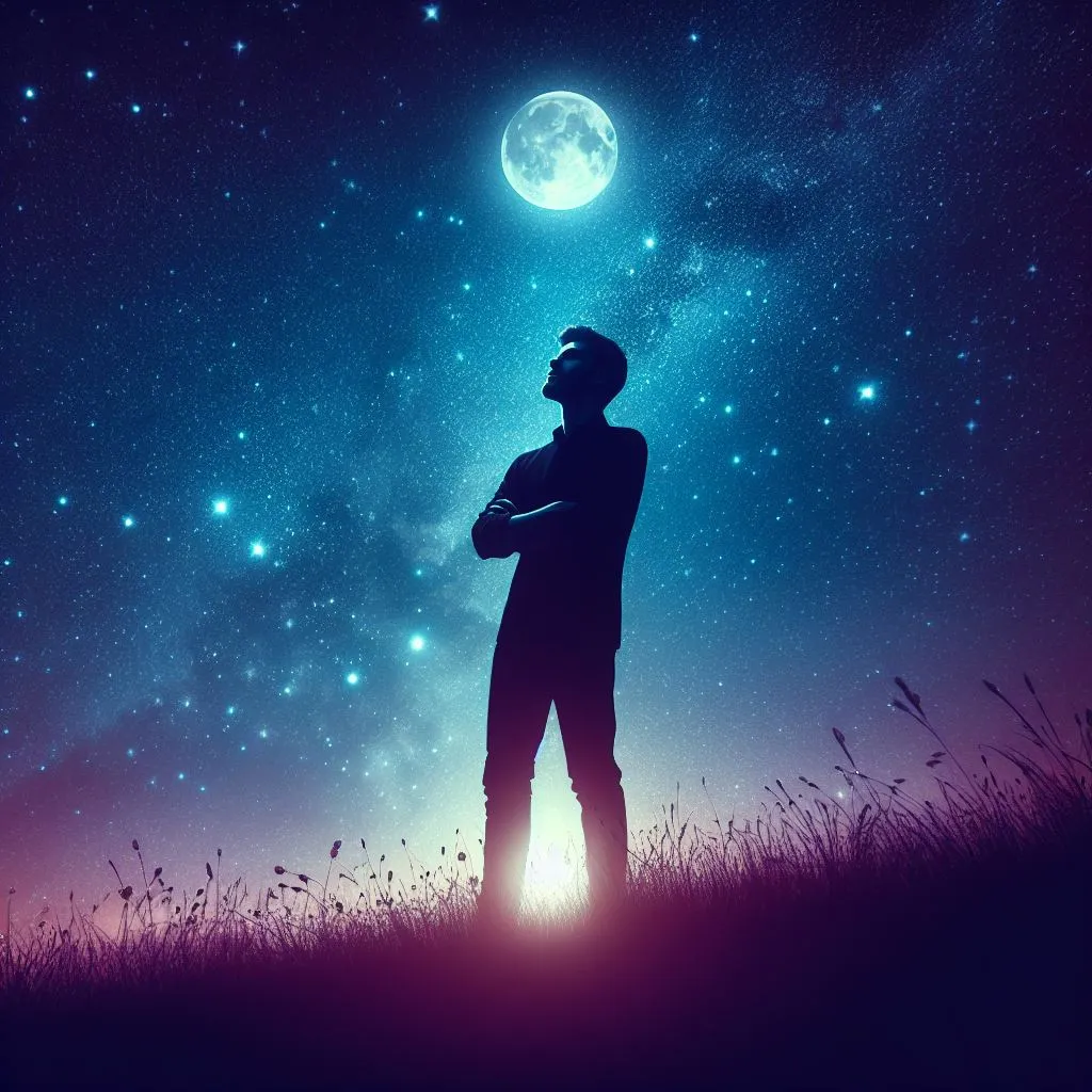 image of contemplation of the protagonist man while looking at the stars