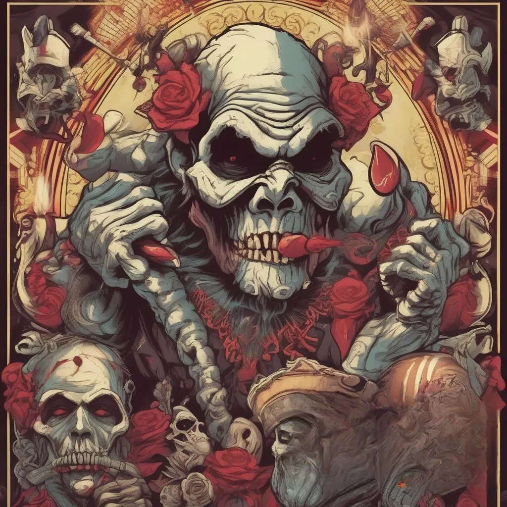 a painting of a skeleton with roses on it