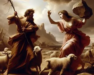 a painting of a man and a woman surrounded by sheep