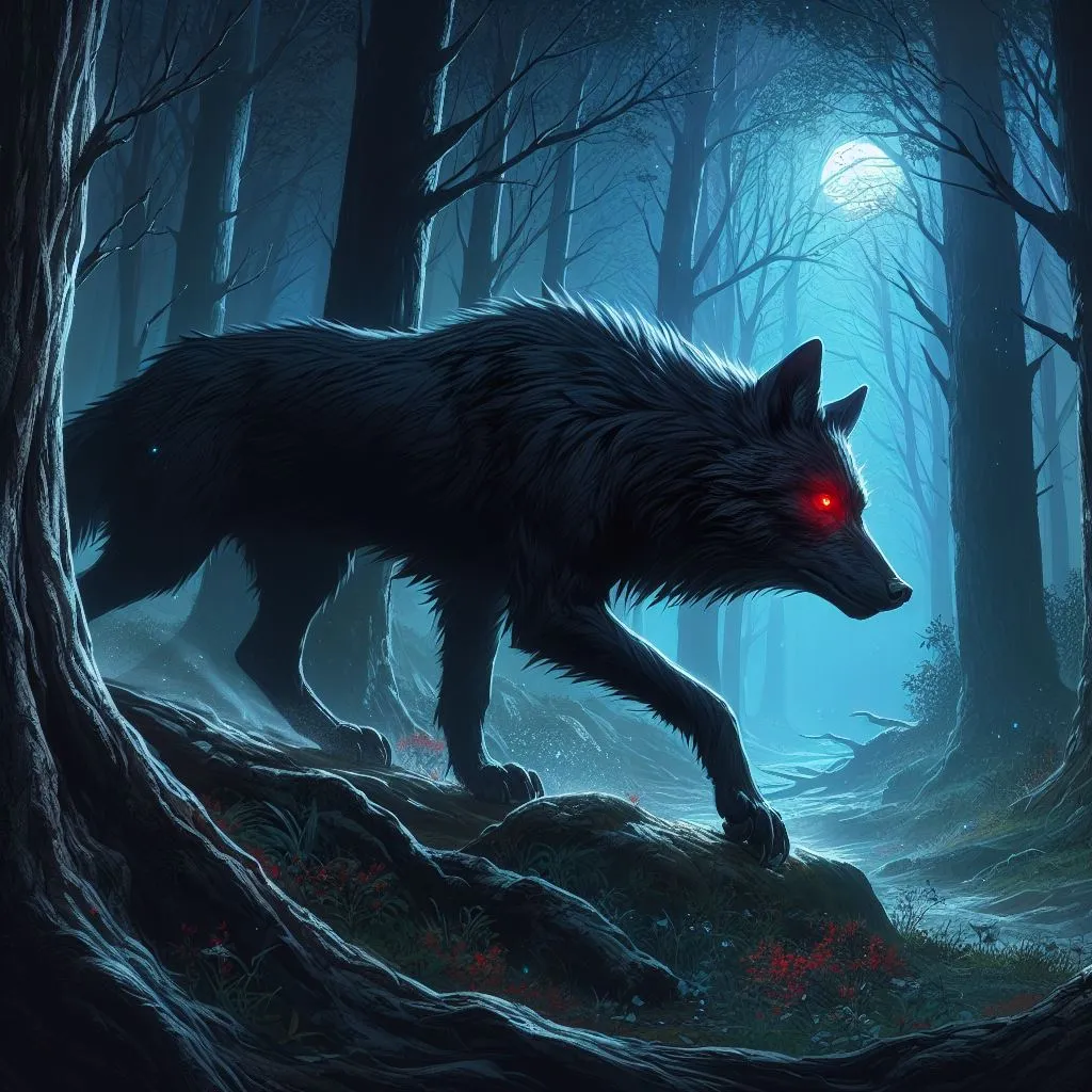 a wolf with red eyes walking through a forest