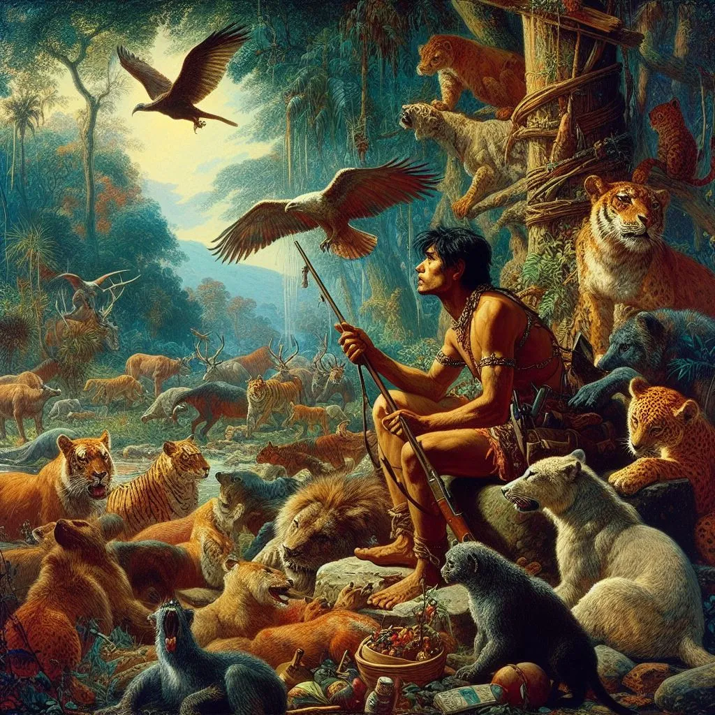 a painting of a man surrounded by animals