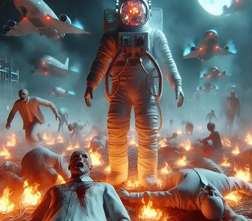 a man in a space suit standing over a fire filled field