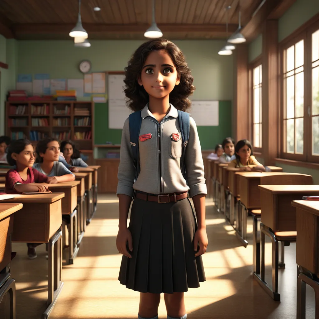 a young girl standing in a classroom in front of desks