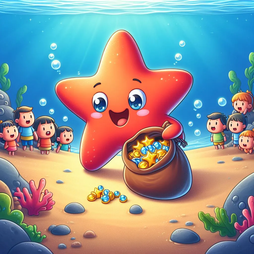 a starfish excitedly showing a bag of gems and gold in the ocean to other sea creatures