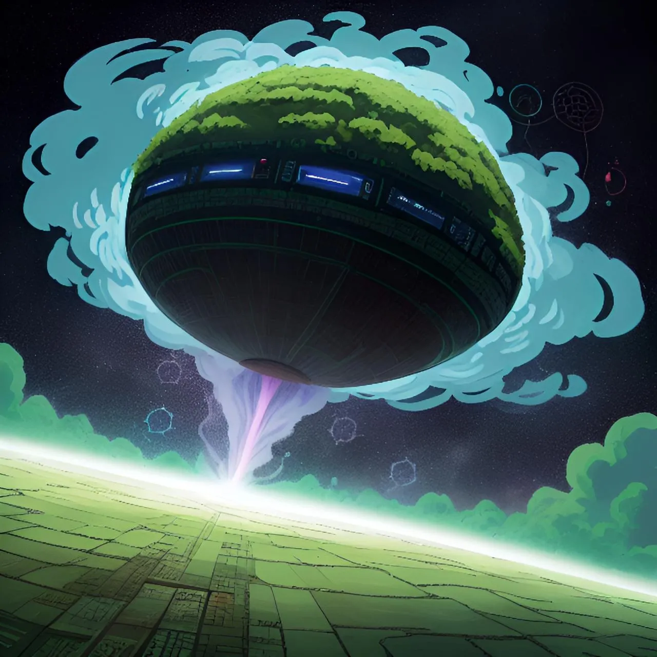 a space ship floating in the air over a green planet