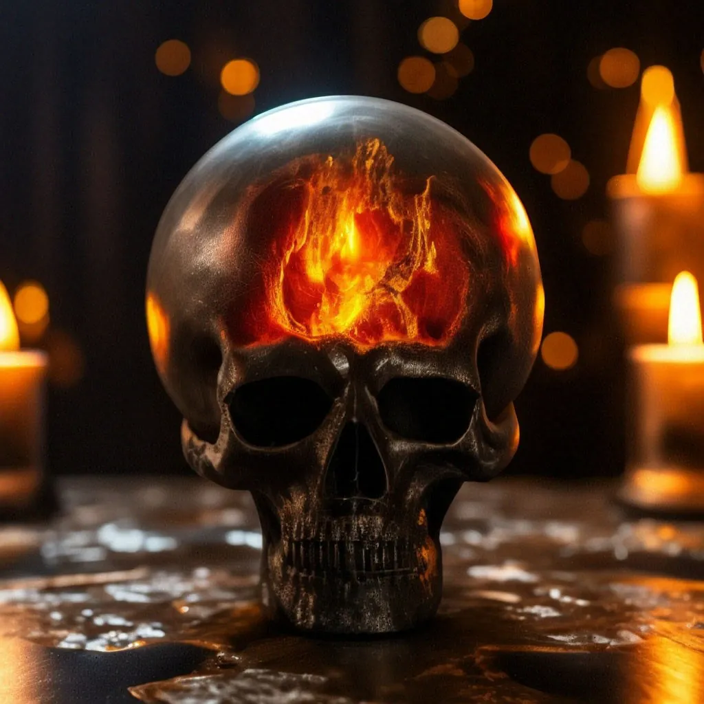 a skull with a flame in its mouth on a table