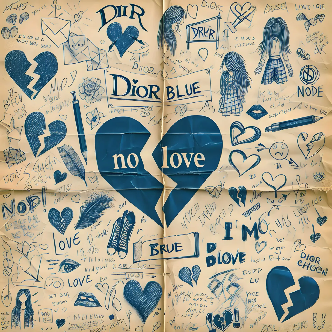 Make the paper blow. Make the leaves and hair on the drawings blow super hard. Make it rain hard .Blue  puddles and thunder. Make it scary please. Make the words in the center say "No Love". Leaves writher away. Pen rollings. Make the girls face turn and body walk.