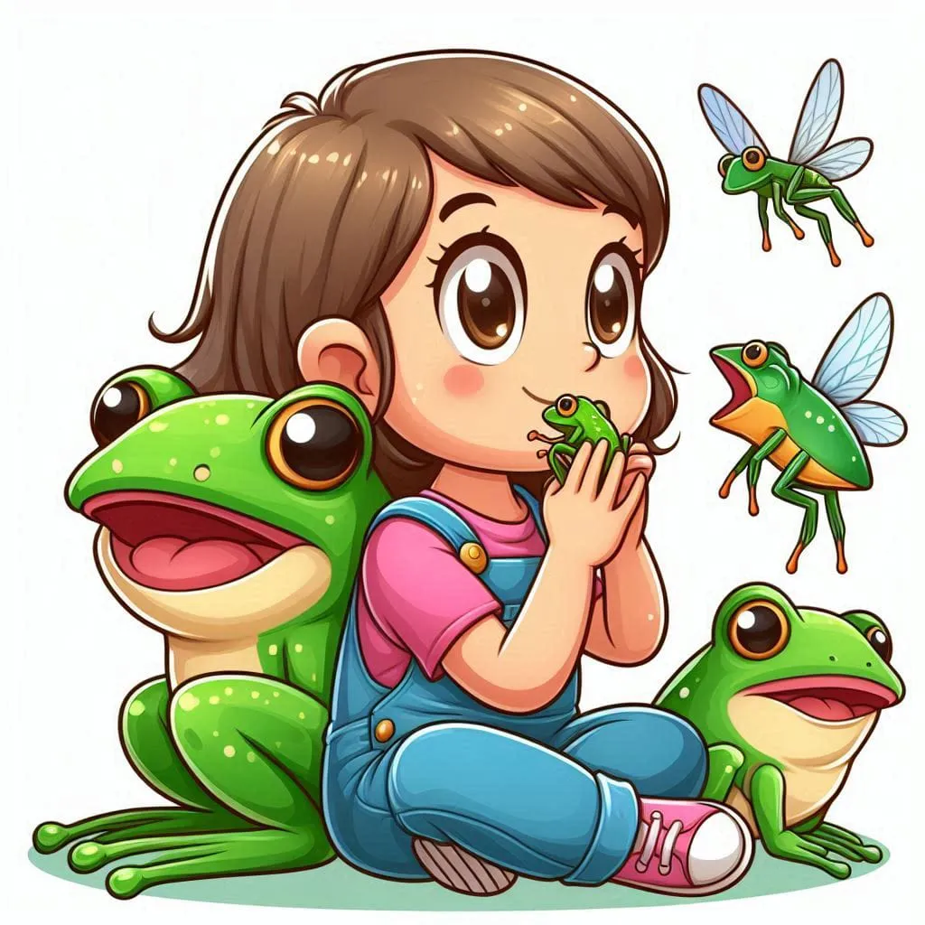 a little girl sitting on the ground next to two frogs