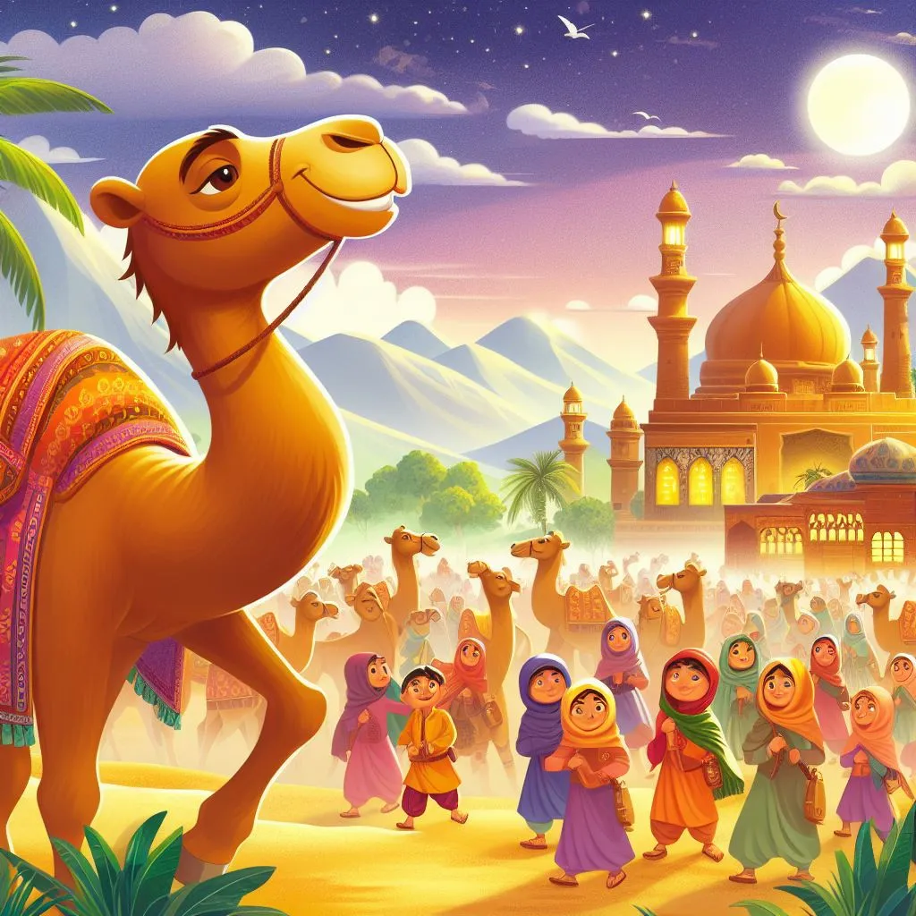 a painting of a camel in front of a crowd of people