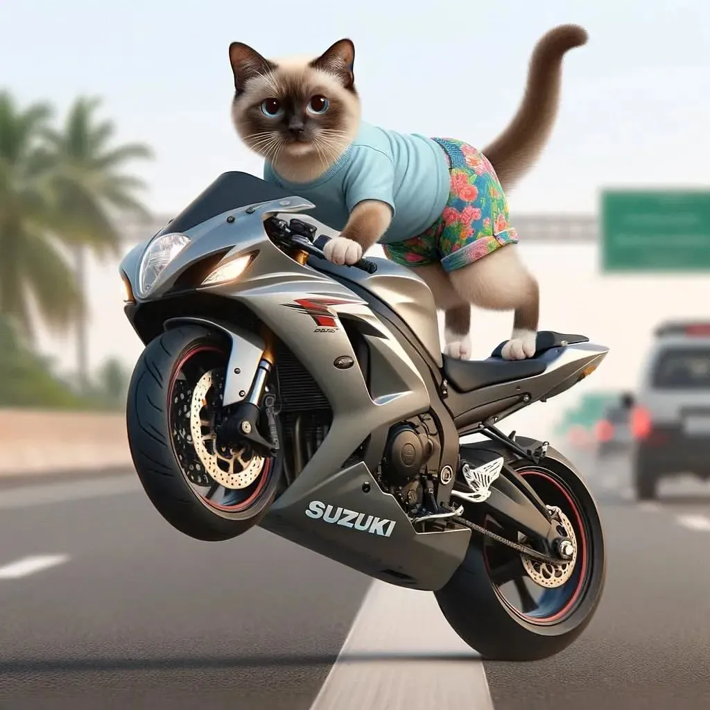 A retro-style human body cat and motorcycle surrounded by neon lights against the backdrop of a vibrant cityscape