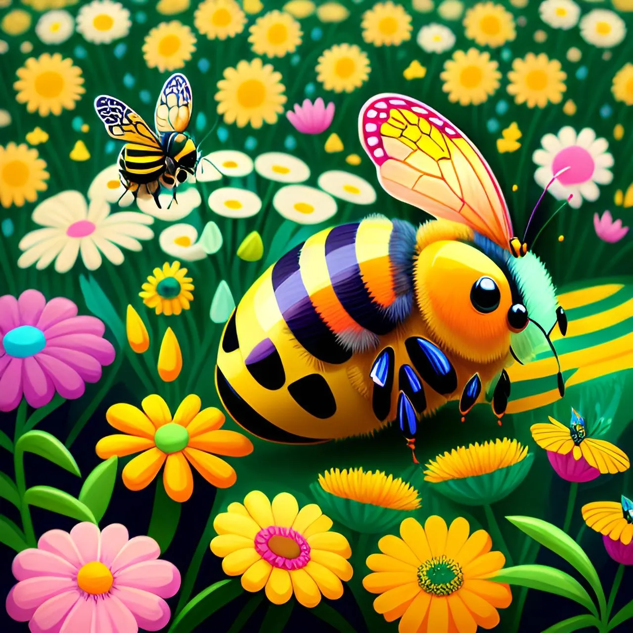 a painting of a bee in a field of flowers