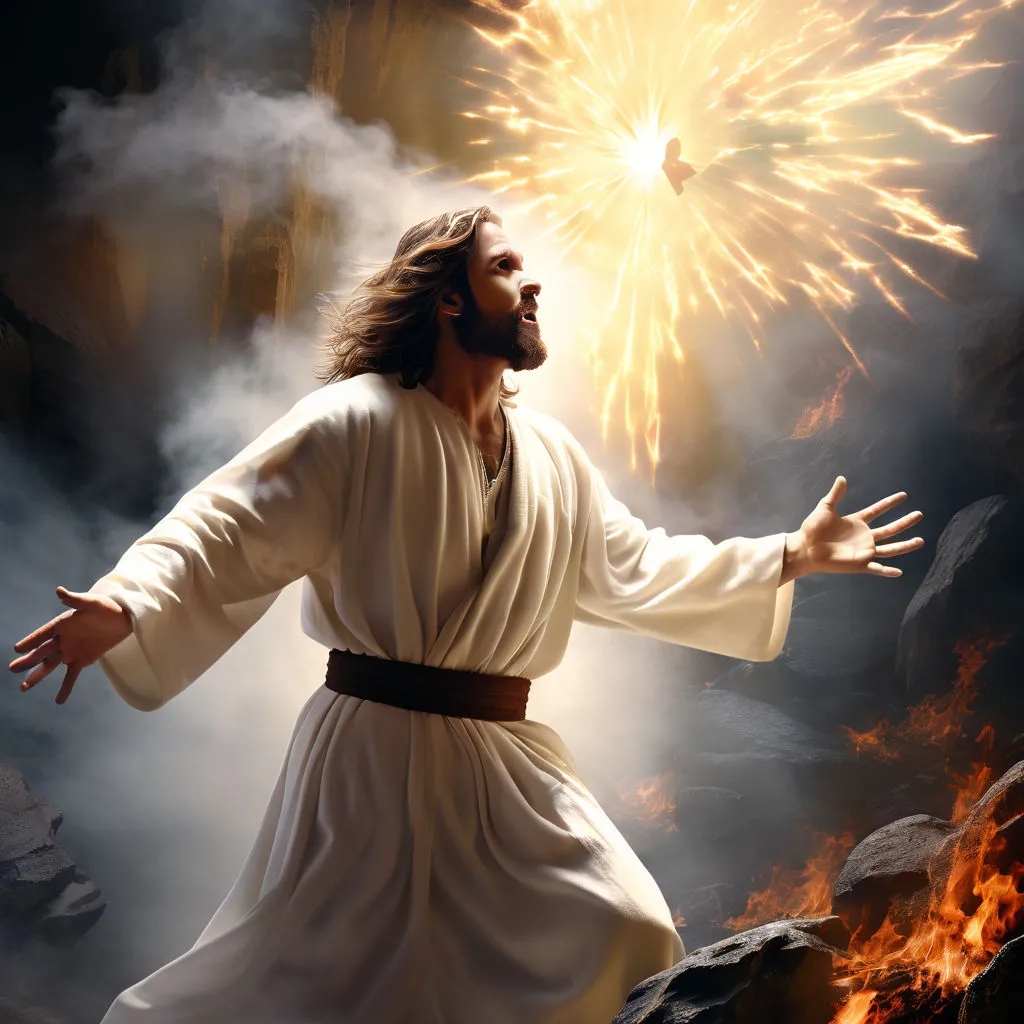 a painting of jesus in the midst of a firework