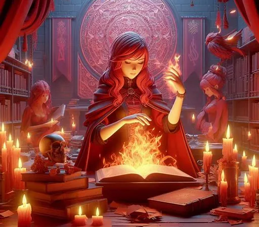 a girl sitting in front of a book surrounded by candles