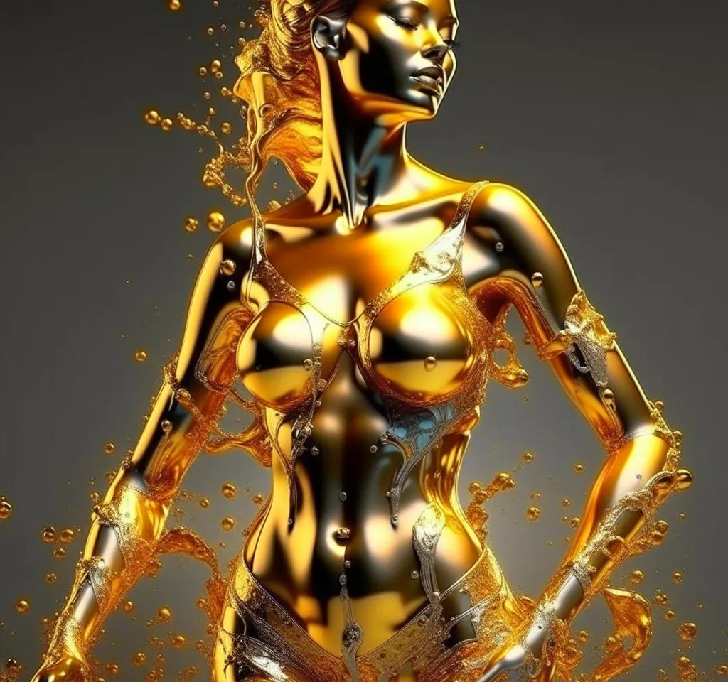 a woman in a gold body suit with a gun