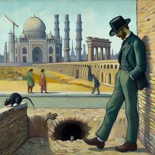 a painting of a man in a suit and top hat standing next to a hole