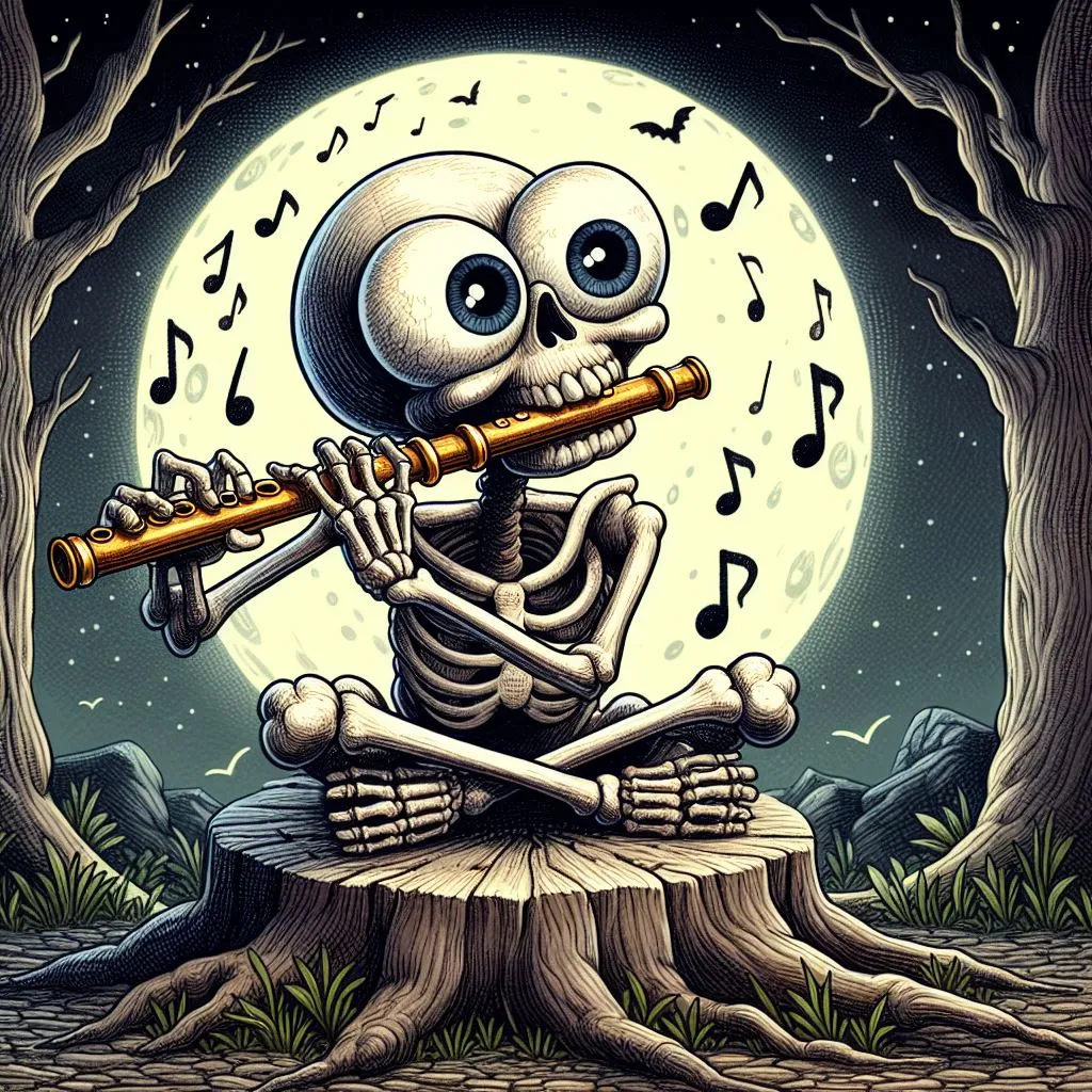 a skeleton playing a flute sitting on a tree stump