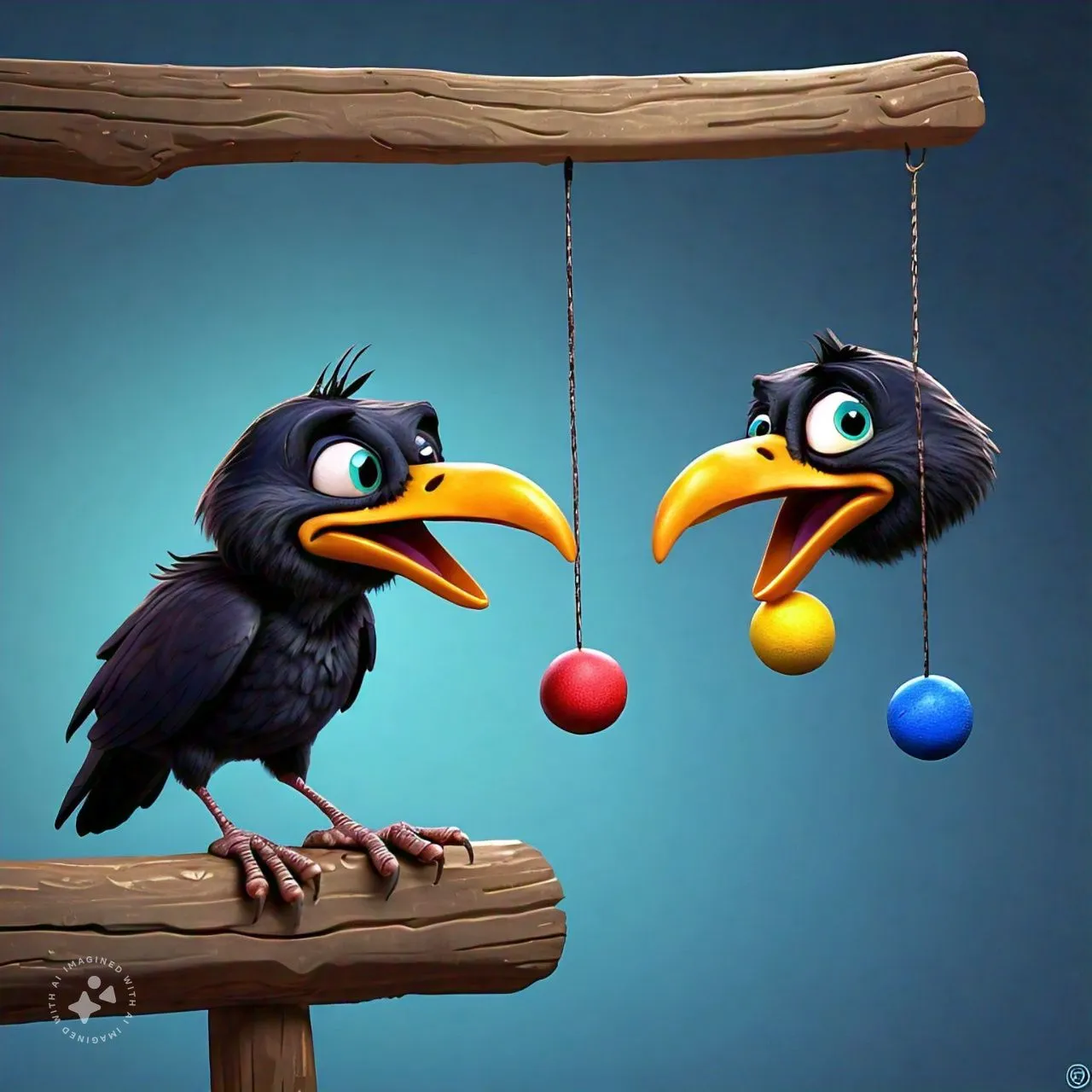 two birds on a branch with balls in their beaks and playing 