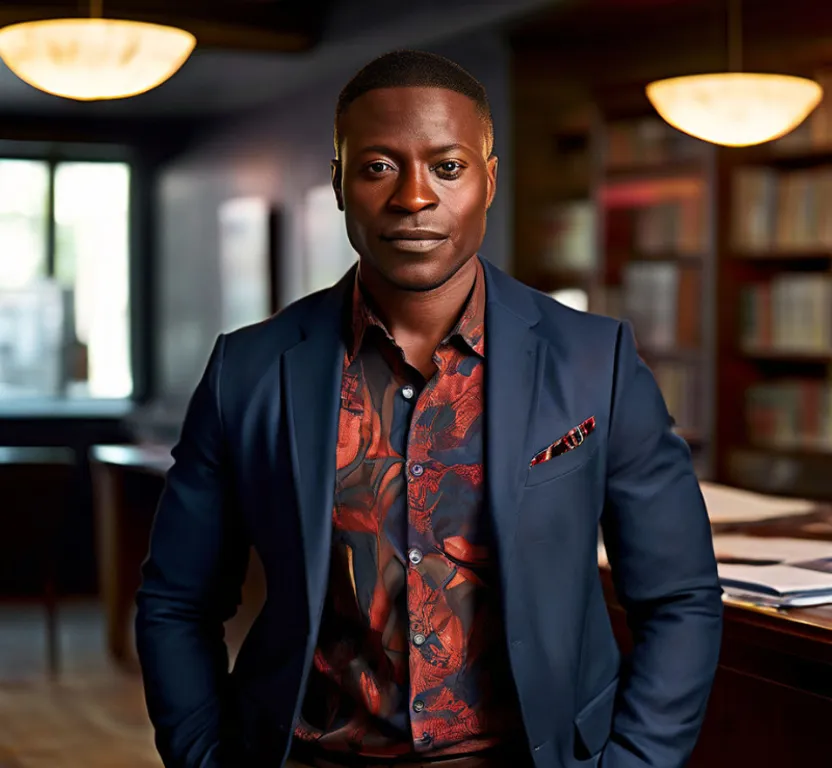 a young man in his 30s in a suit standing in a trendy office environment